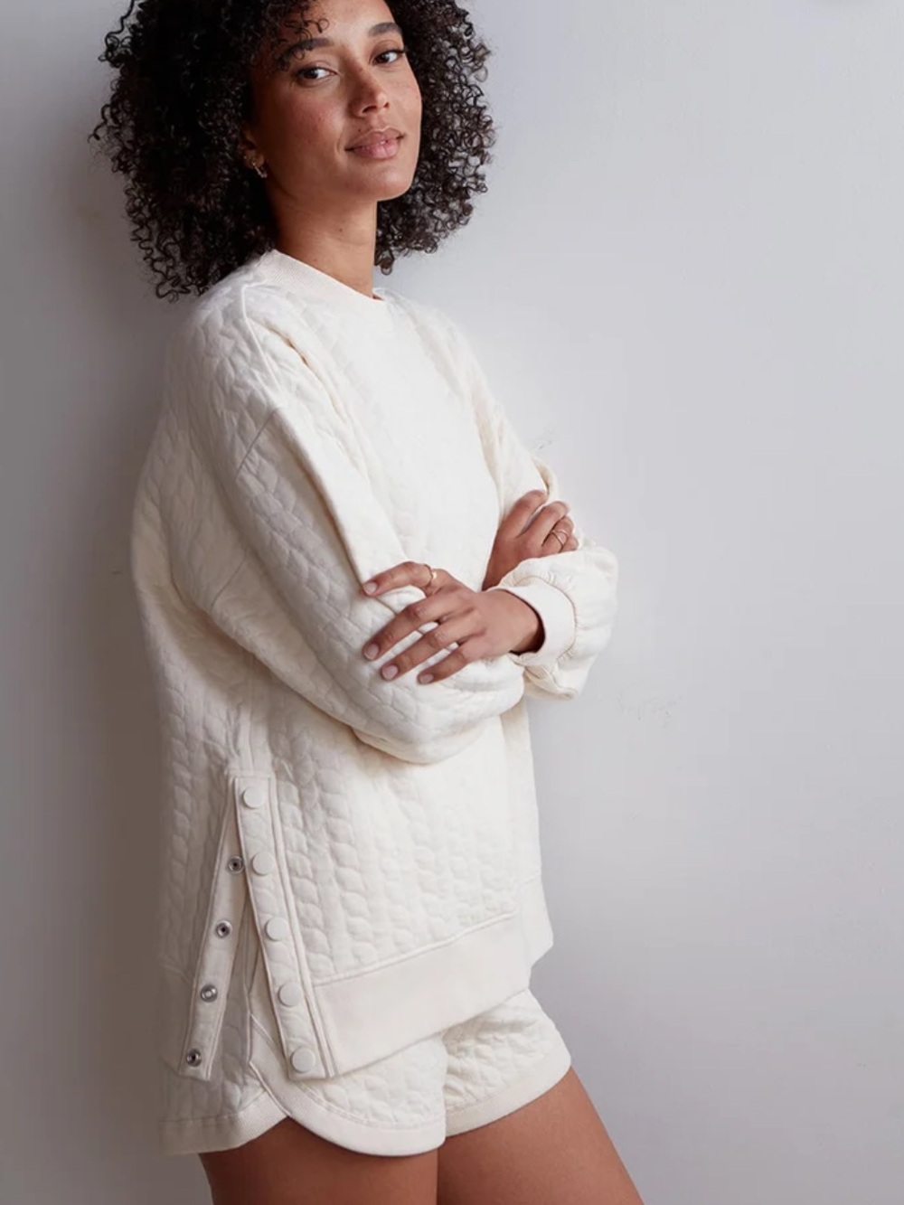 Grey State Anthropologie Cream Teddi pullover oversized Quilted Crewneck Sweater